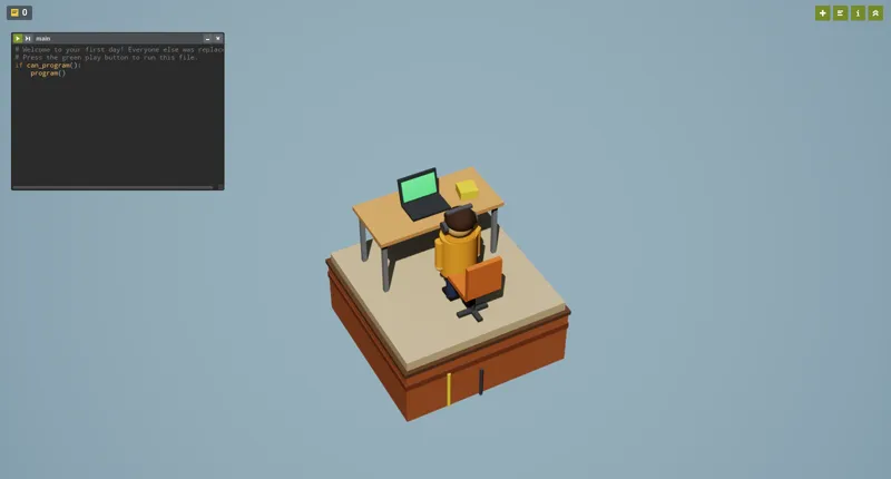 El primer día: un solo escritorio con portátil, un pósit y el desarrollador con sudadera naranja.